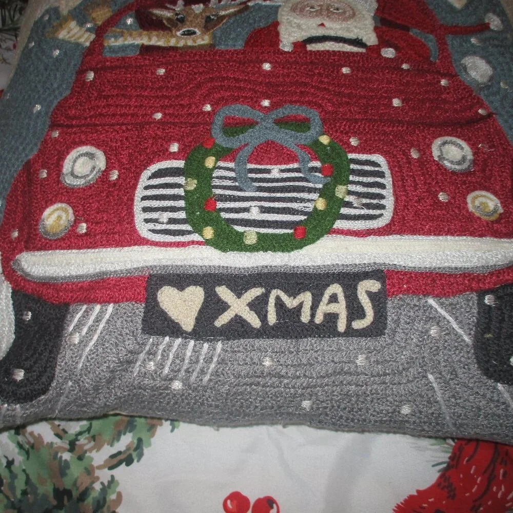 Pottery Barn road trip Santa embroidered pillow cover & Feather Insert